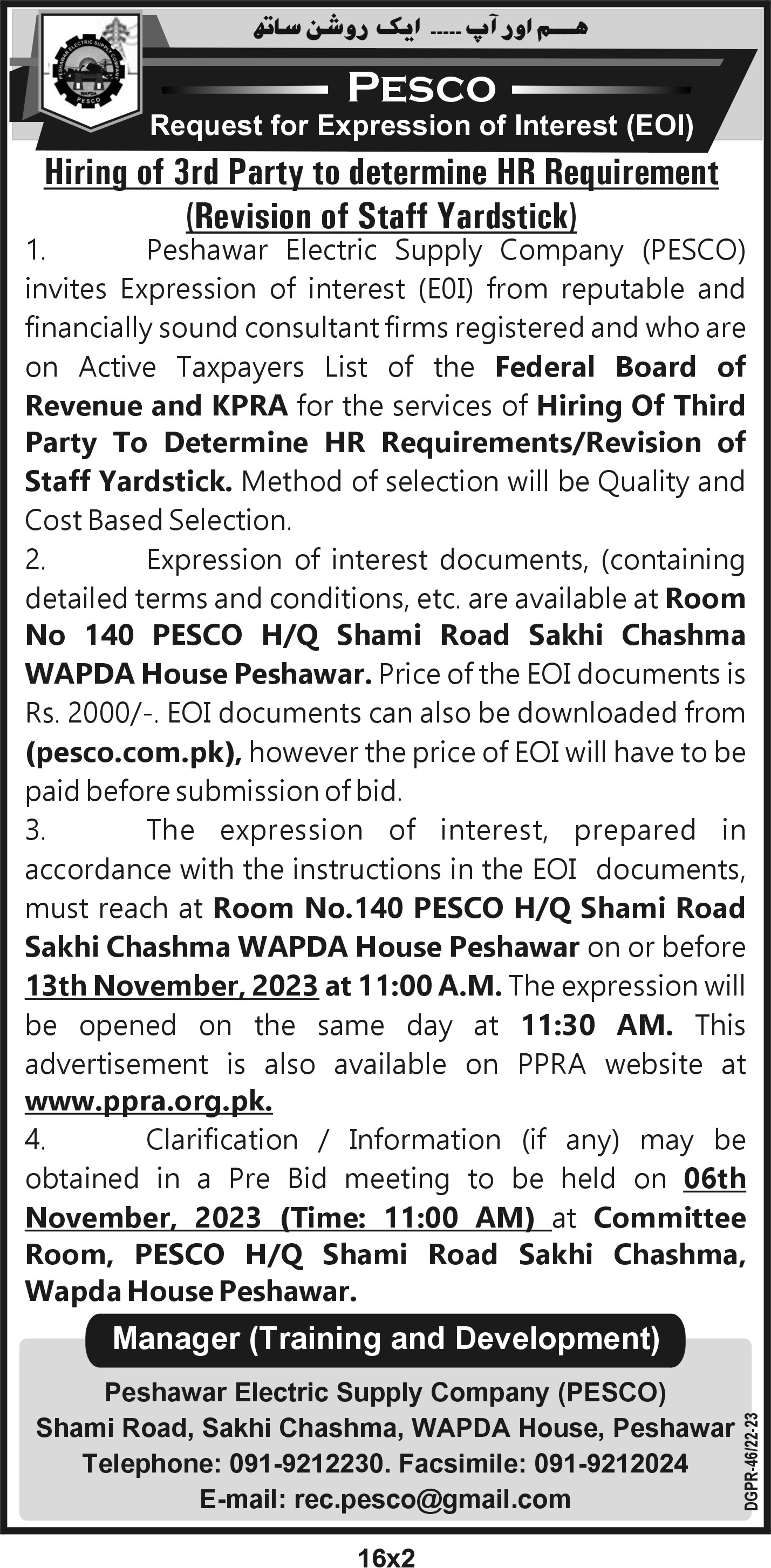 Tenders Peshawar Electric Supply Company PESCO