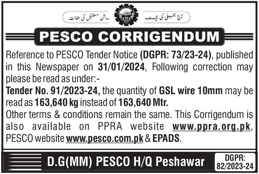 Tenders Peshawar Electric Supply Company Pesco