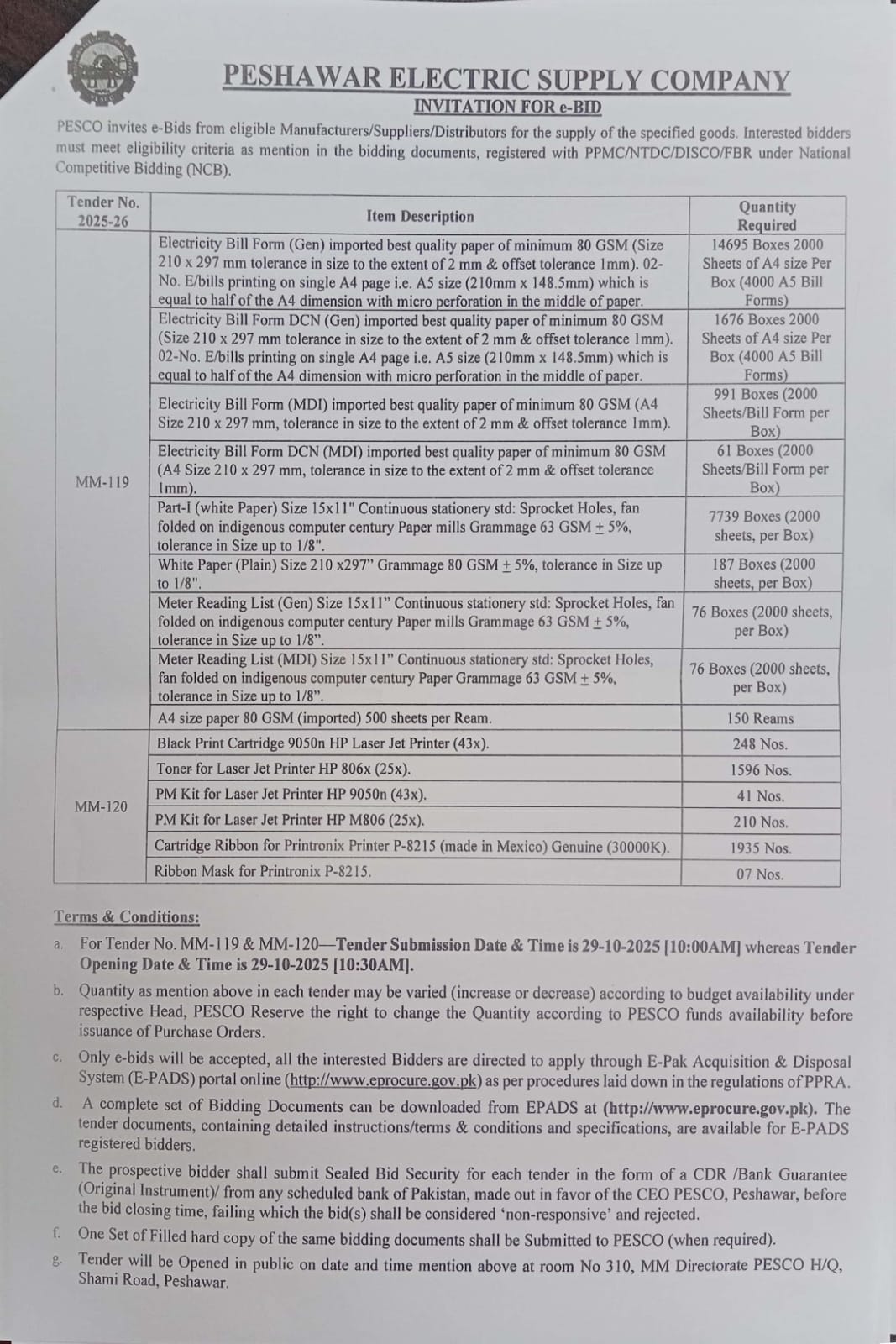 Tenders - Peshawar Electric Supply Company (PESCO)